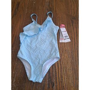 New Girls Size 4 Kensie Girl Blue White Gingham 1pc Swimsuit Bathing Suit UPF50+